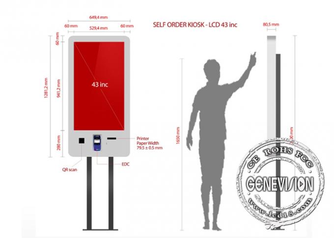 POS Terminal Self Service Kiosk Thermal Printer Floorstanding PCAP Touch Screen 43''