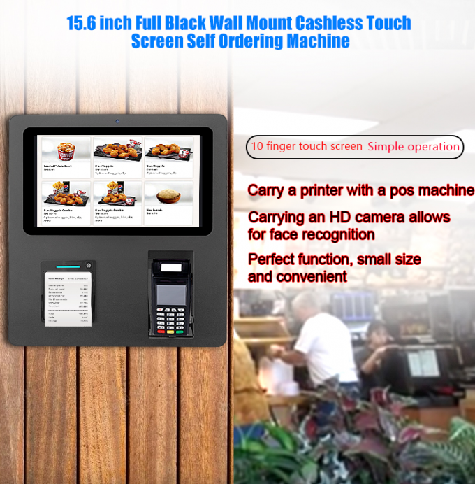 Black Wall Mount Self Service Touch Screen Kiosk 15.6'' With POS Holder And Thermal Printer 0