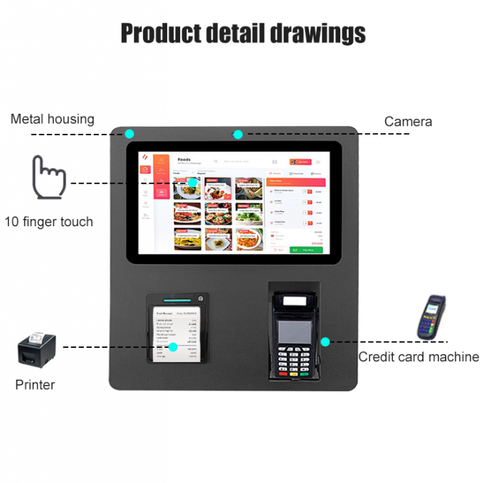 Black Wall Mount Self Service Touch Screen Kiosk 15.6'' With POS Holder And Thermal Printer 2