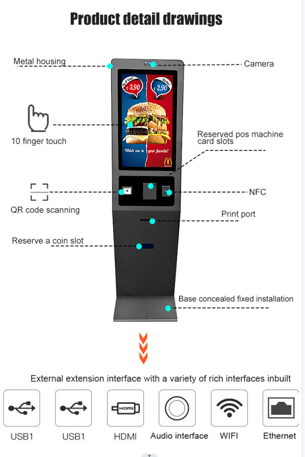 27 Inch Self Service Kiosk Capacitive Touch Screen With Printer NFC ...