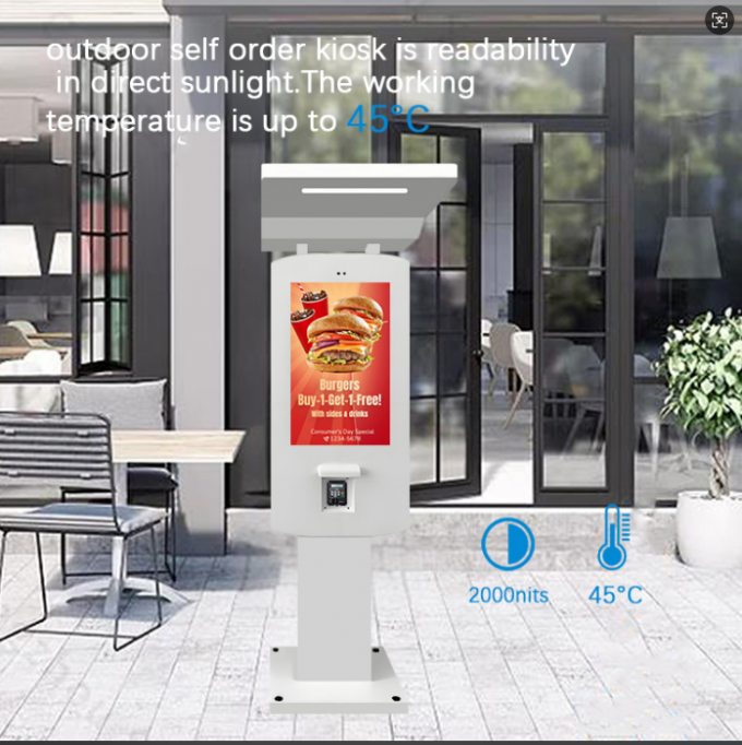 32 inch Drive Thru freestanding PCAP Outdoor Self-Order Kiosks configured with an optional canopy and Led strip 1