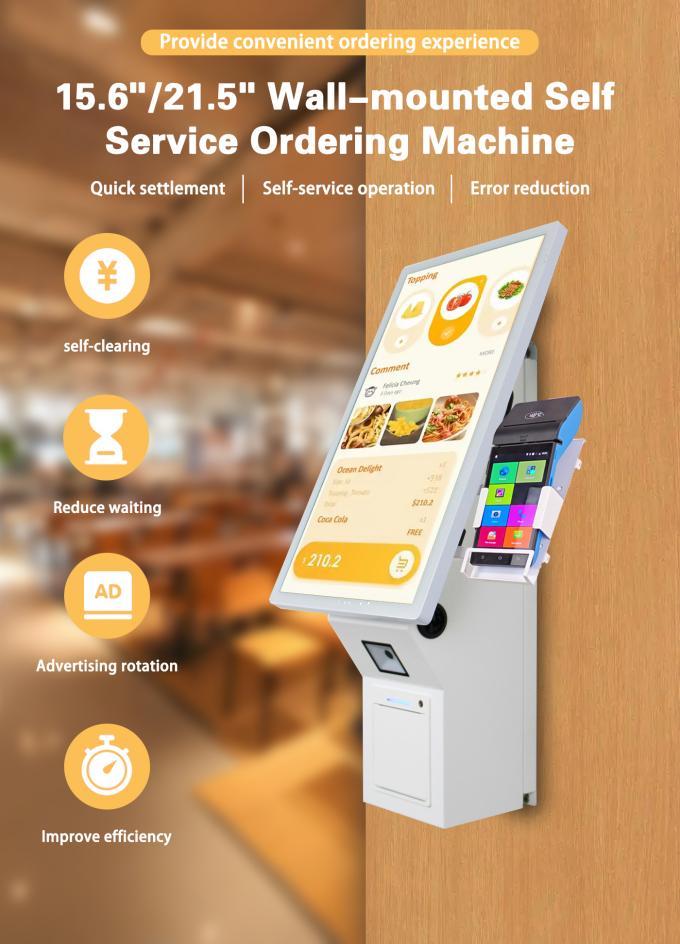 Restaurant Wall mounted Self-service Payment Kiosk 21.5" Android 11.0 Touch Screen - All-in-One with Thermal Printer & QR Scanner 0