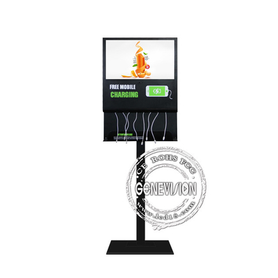 21.5inch android wifi black color charging advertising kiosk with charging mobile phone wire for airport