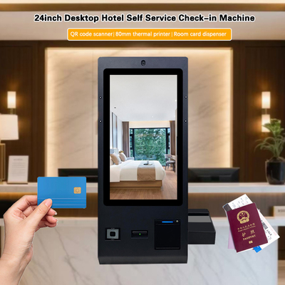 24 Inch OCR check-In Kiosks With Room Card Dispenser QR code scanner Camera Printer