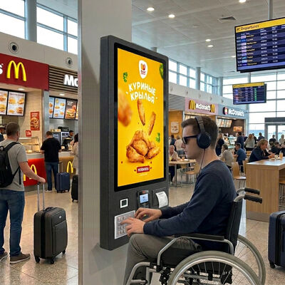 32 Inch Touch Screen Self Service Kiosk with Braille Numeric Keyboard and Audio Guided Navigation for ADA Accessible Payment