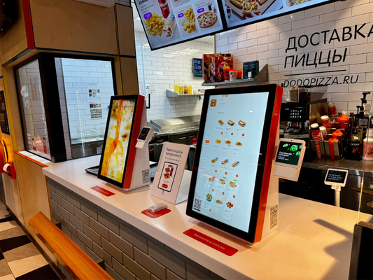 24 Inch Orange Side Table Self Service Kiosk With Payment Machine Holder and Full HD Touch Screen